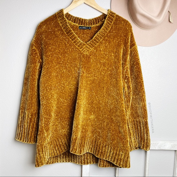 Zara Sweaters - Zara Yellow Chenille V-Neck Oversized Sweater S